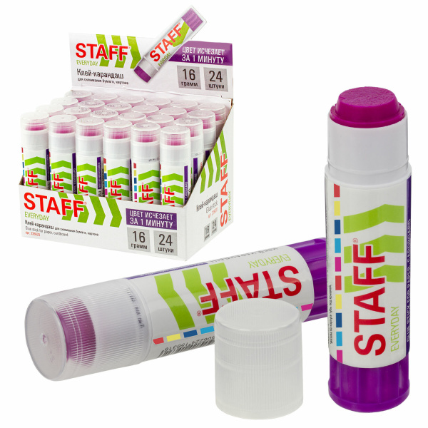 Клей-карандаш STAFF  16 г, обесцвечивающийся, цветной, СП