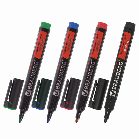 Набор маркеров перм. (нестир.) BRAUBERG "Energy", кругл. нак. 3мм, 4 шт. (чер,син,красн,зел), 150479