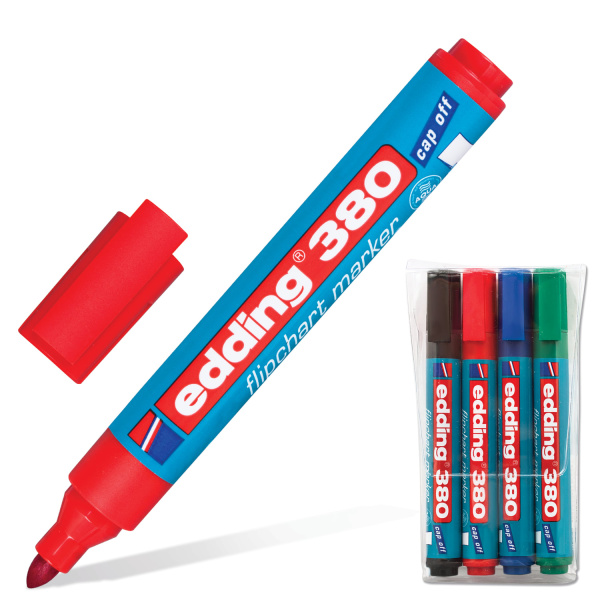 Маркеры для флипчарта EDDING, НАБОР 4шт, кругл.нак.1,5-3мм,НЕПРОПИТЫВАЮЩИЕ,(чер,син,кр,зел),E-380/4S