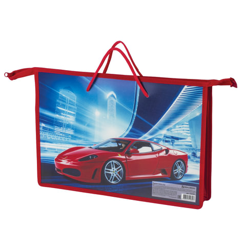 Папка-сумка BRAUBERG на молнии с веревочными ручками А4, пластик, мальч., Красный авто, 225501