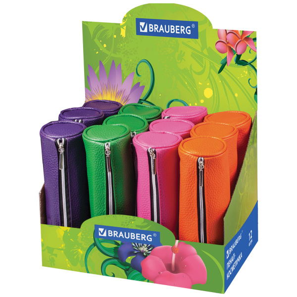Пенал-косметичка BRAUBERG под фактур. кожу, ассорти, фиол/розов/зелен/оранж, 20*6*6см, дисплей, 2240