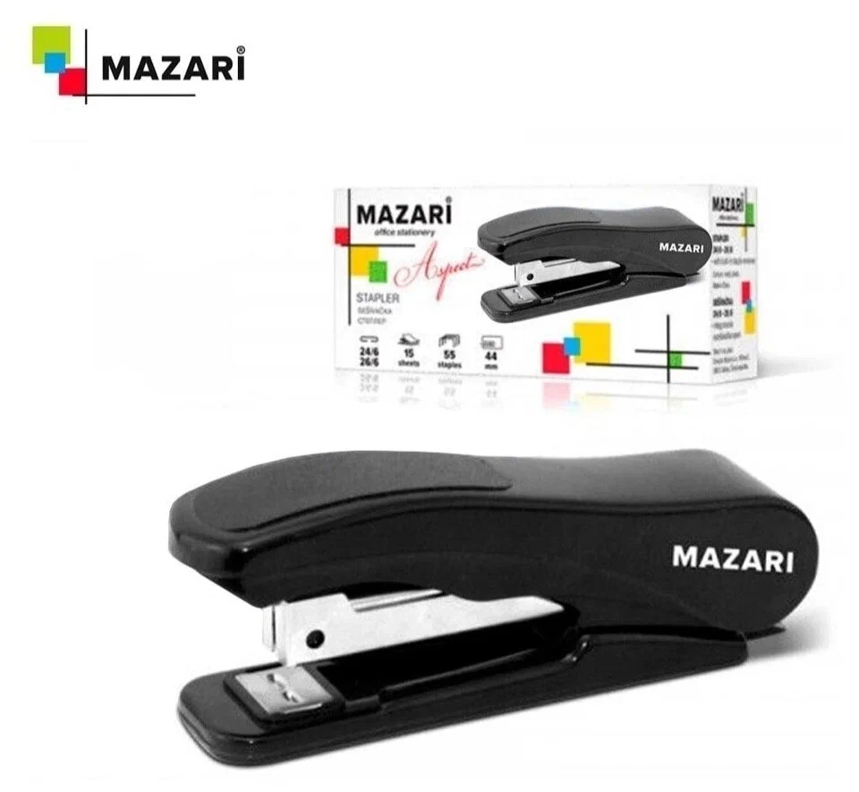 Степлер №24/6-26/6, ASPECT, 15 листов, с антистеплером, ЧЕРНЫЙ, пластиковый