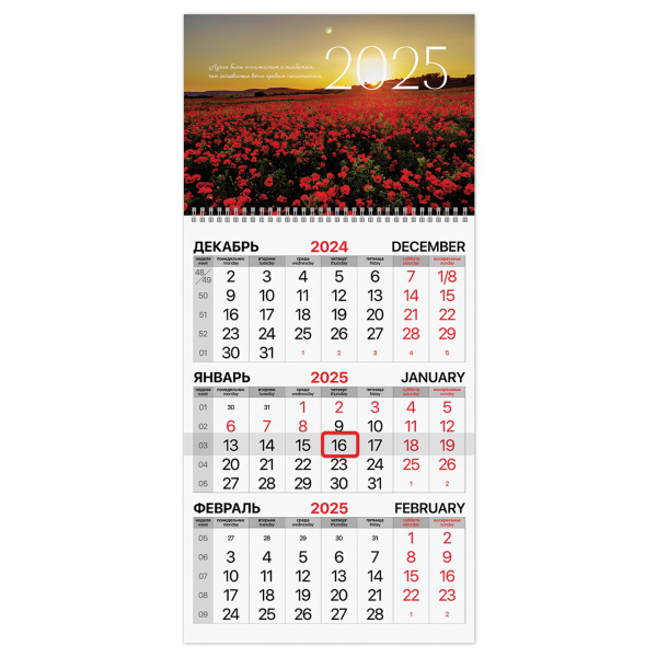 Календарь квартальный на 2025 г., 1 блок, 1 гребень, бегунок, мелованная бумага, BRAUBERG, "Маки", 1