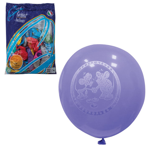 Шары воздушные 10"(25см), КОМПЛЕКТ 100шт., 12 цветов металлик, 8 рисунков, в пакете, 1103-0005