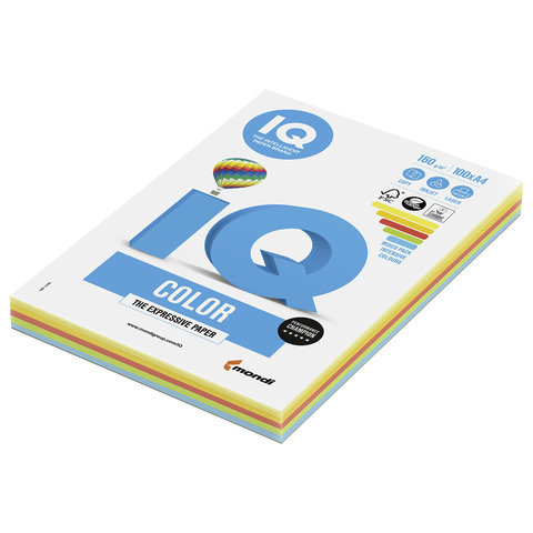 Бумага IQ (АйКью) color, А4, 160 г/м2, 100 л. (5 цв. x 20 л.), цветная интенсив, RB02