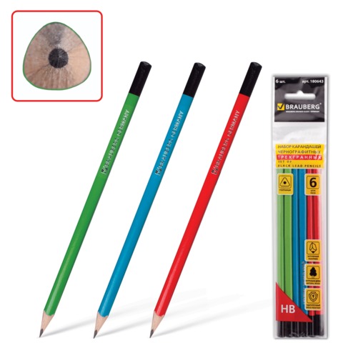 Карандаши ч/гр BRAUBERG,  6шт., "Triograff" (Триограф), НВ,трехгр,ассор,без резин,заточ.180643
