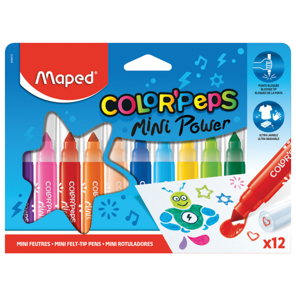 Фломастеры MAPED (Франция) "Color'Peps Jumbo Mini" 12 цветов, суперсмываемые, штампы, европодвес, 84