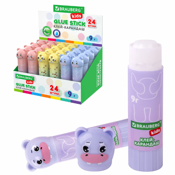 Клей-карандаш BRAUBERG KIDS 9 г "Пастельные зверята: мышка, тигр, бегемот", фигурный колпачок