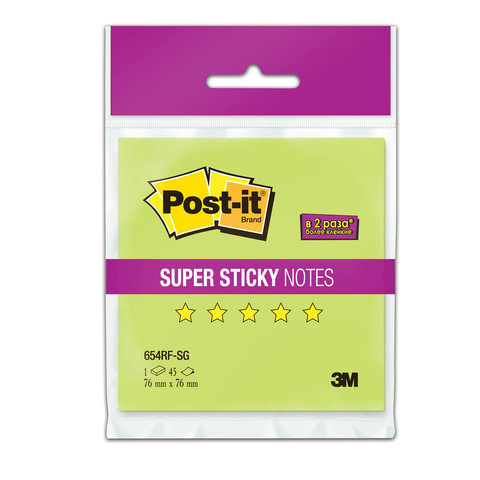 Блок самоклеящийся POST-IT Super Sticky, 76х76 мм, 45 л., неоновый зеленый, 654RF-SG
