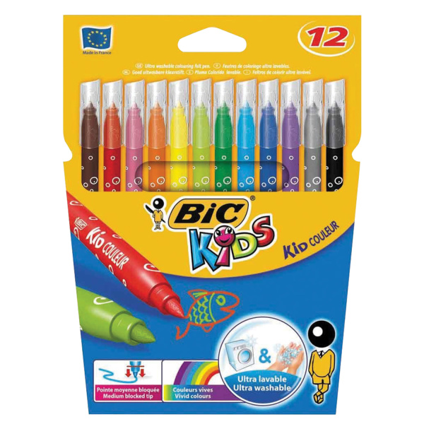Фломастеры BIC "Kid Couleur" 12 цв., суперсмываемые, вент. колпачок, карт. упак, европодвес, 841798