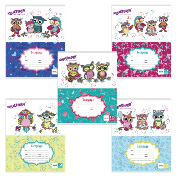 Тетрадь 12л. ЮНЛАНДИЯ линия, обложка картон, "УМНЫЕ СОВЫ", 104912