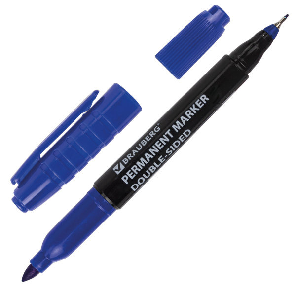 Маркер перманентный (нестираемый) двусторонний BRAUBERG "Double", СИНИЙ, наконечники 0,8/3 мм, 15163