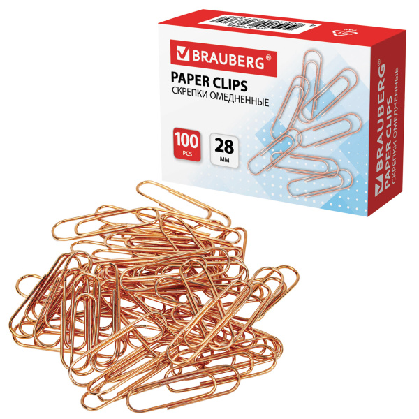 Скрепки BRAUBERG 28 мм, омедненные, 100 шт., в картонной коробке