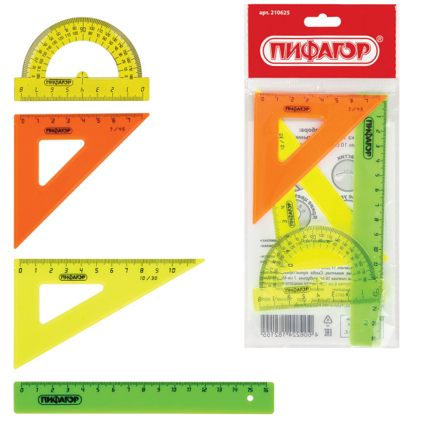 Набор чертежный малый ПИФАГОР (линейка 16 см, 2 треуг., трансп.), неоновый, европодвес, 210625