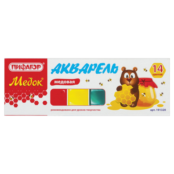 Краски акварельные ПИФАГОР "МЕДОК", 14 цветов, медовые, картонная коробка