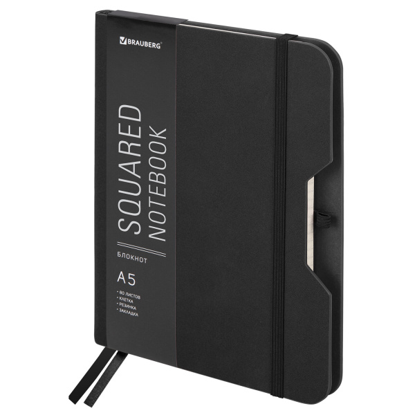 Блокнот А5 162х218мм BRAUBERG NOTE под кожу софт-тач, с резинкой, 80л, клетка, черный, 113437