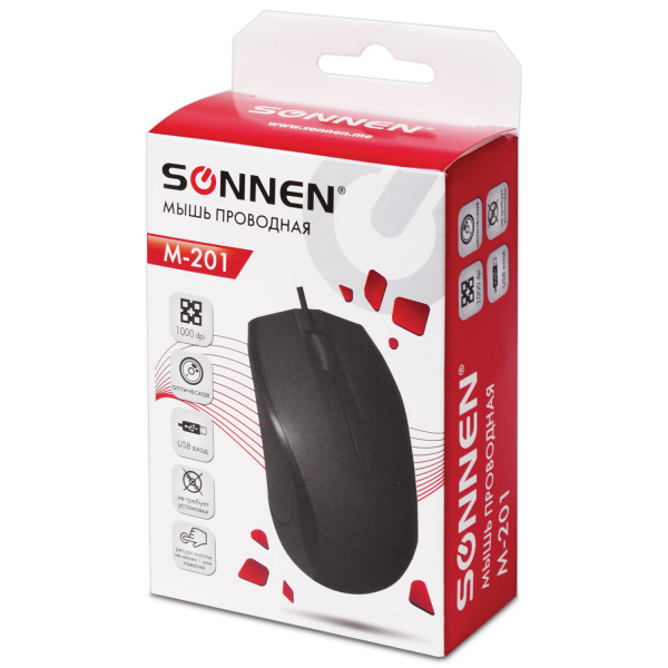 Мышь проводная SONNEN М-201, USB, 1000 dpi, 2 кнопки + колесо-кнопка, оптическая, черная 
