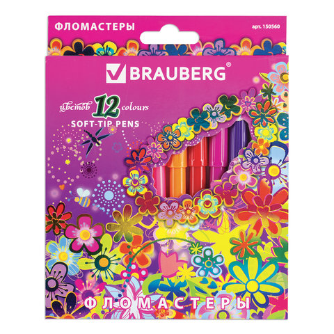 Фломастеры BRAUBERG "Flowers" (Цветы), 12цв, вент.колп,карт.упак.с радуж.фольгой,ув.срок служ,150560