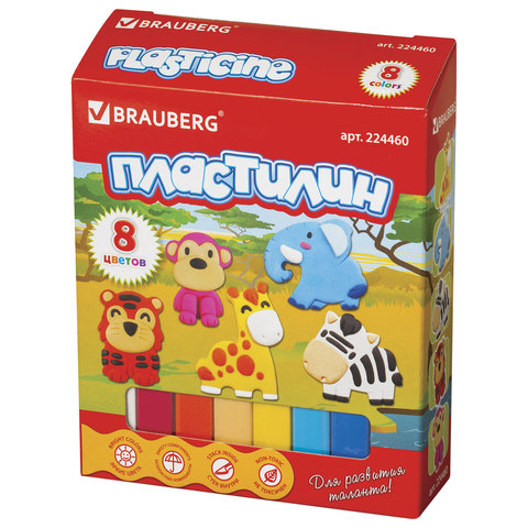 Пластилин BRAUBERG "Юг/Север", 8 цв, 100г, стек, 3 формочки,ассорти,ВЫСШЕЕ КАЧЕСТВО (Тайланд),224460