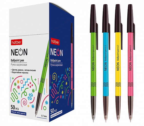 РУЧКА Hatber шариковая NEON Синяя 0,7мм с колпачком и клипом-Ассорти- чернила на масл.основе 043608
