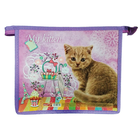 Папка для тетрадей А5, ламинат с цветной печатью, молния сверху, девочка, Мой котик, ПТ-6271