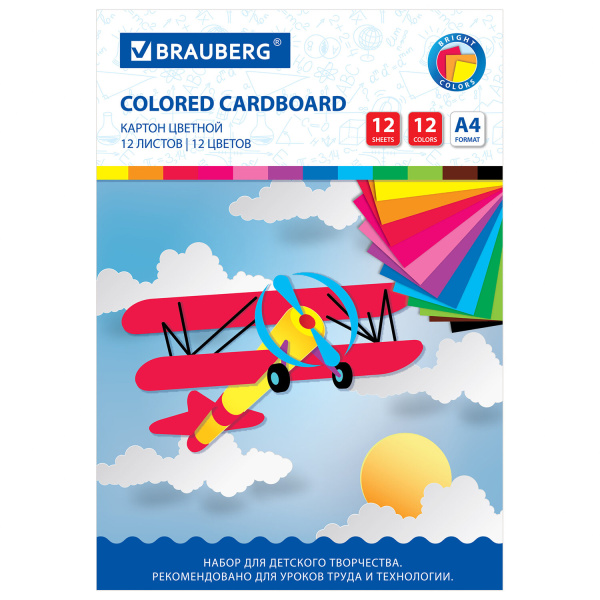 Картон цветной А4 немелованный, 12 листов 12 цветов, в папке, BRAUBERG, 200х290 мм, "Самолет", 11355