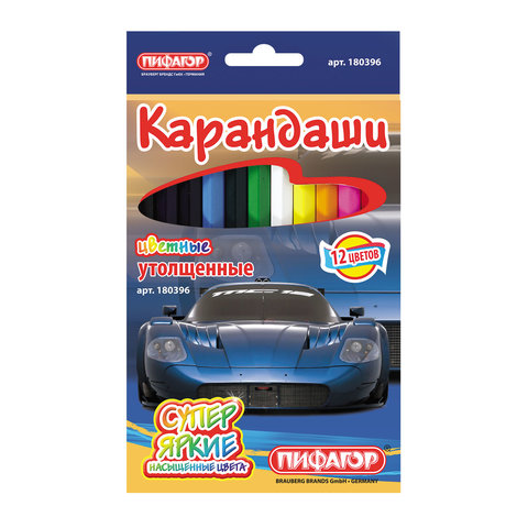 Карандаши цветные ПИФАГОР 12 цв.,  "Котята. Автомобили", яркие цвета, утолщенные, заточенные, 180396