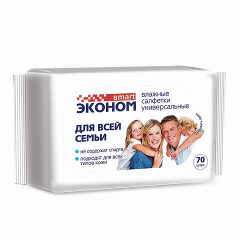 Салфетки влажные, 70 шт., для всей семьи, SMART ЭКОНОМ, 30024