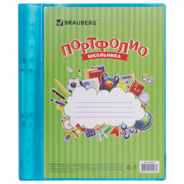 Портфолио ШКОЛЬНИКА BRAUBERG папка 2 кольца, 20 вкладышей, синяя, полупрозрачная, 126557