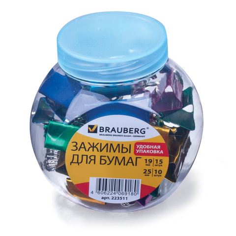 Зажимы для бумаг BRAUBERG, 19мм/15 шт, 25мм/10 шт, цвет. металлик, пласт. банка, 223511