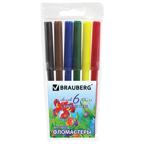 Фломастеры BRAUBERG "Butterfly" (Бабочка), 6цв, вент.колп, пласт.упак., увелич. срок службы, 150521