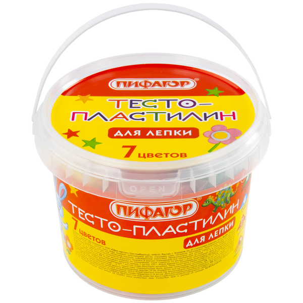 Пластилин на растительной основе (тесто для лепки) ПИФАГОР,  7 цв., 420г, пластиковое ведро, 104545