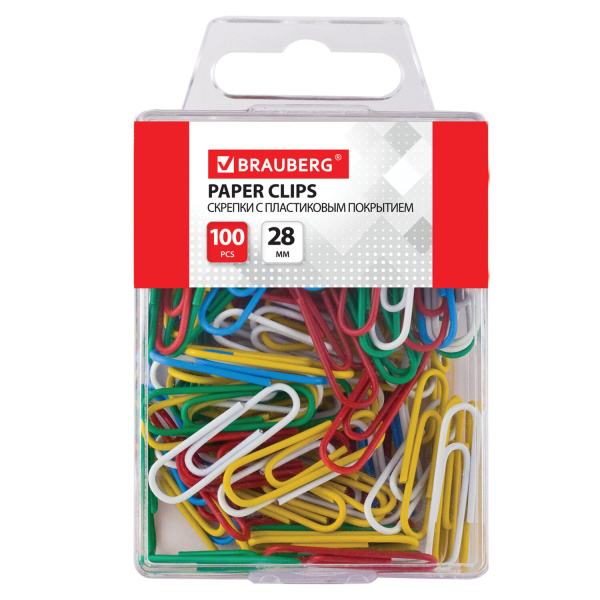 Скрепки BRAUBERG 28 мм цветные, 100 шт. в пласт. кор..