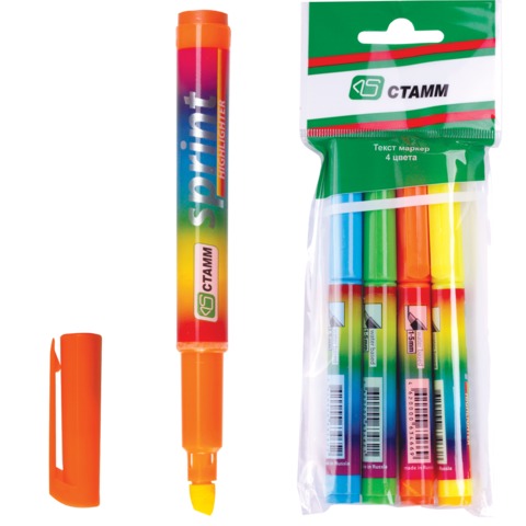 Текстмаркеры СТАММ, НАБОР 4шт, "Sprint", скош.нак. 1-5 мм, (син,зел,жел,оран), пл.упак, европод,МТ33