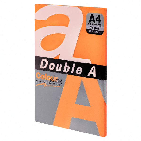 Бумага цветная DOUBLE A, А4, 75 г/м2, 100 л., неон, оранжевая ШК 8858741732078