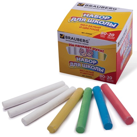 Мел цветной BRAUBERG, НАБОР 100шт.(20цв+80бел),кругл,"АНТИПЫЛЬ",карт.упак. с разделителями, 223555