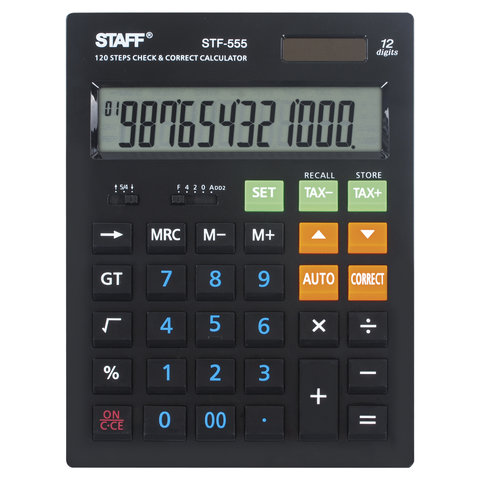 Калькулятор STAFF настольный STF-555-BLACK, 12 разрядов, CORRECT, TAX ЧЕРН,двойное питание,205х154мм