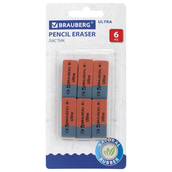 Ластики BRAUBERG "Ultra" 6 шт., размер ластика 41х14х8 мм, красно-синие, натуральный каучук, 229599