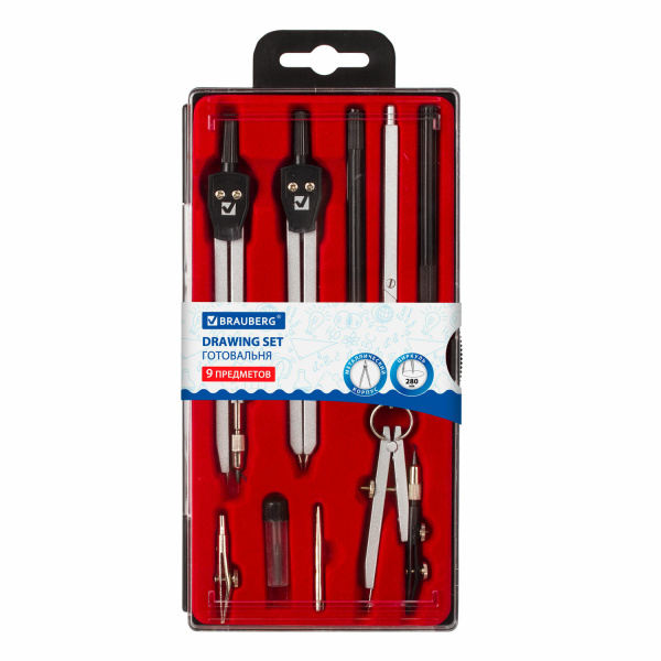 Готовальня BRAUBERG "Architect", 9 предметов: циркуль + измер + кронциркуль, рейсфедер + держатель