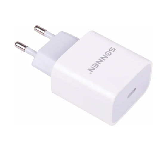 Зарядное устройство быстрое сетевое (220 В) SONNEN, Type-C PD 20 Вт, 3 A, белое, 455507