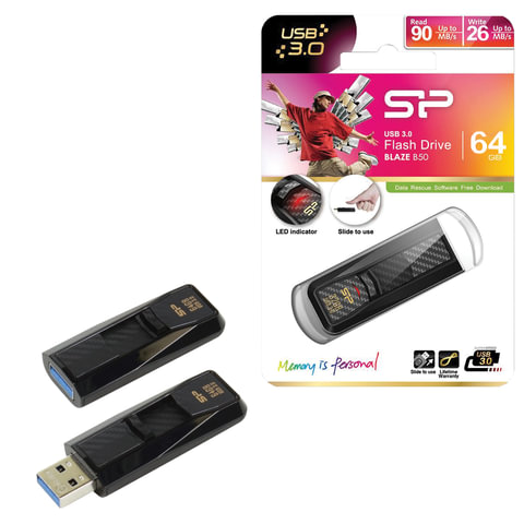 Флэш-диск 64 GB SILICON POWER Blaze B50 USB 3.1, черный, SP64GBUF3B50V1K