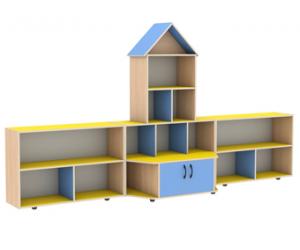 Стеллаж для игрушек "Теремок". Цвет: клен, светло-синий, кремовый. Размеры (ШхГхВ): 3100х600х1674мм