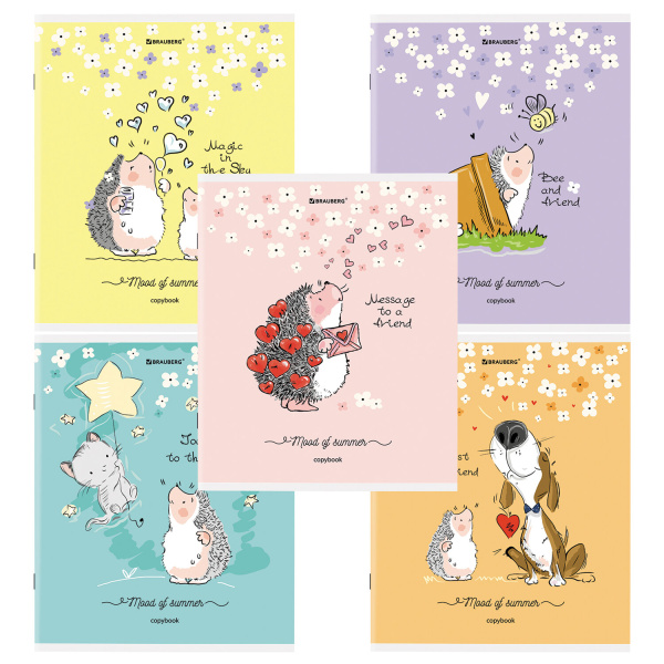 Тетрадь А5 48л. BRAUBERG скоба, клетка, обложка картон, Приключения Ёжика (микс в спайке), 404366