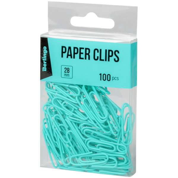 Скрепки 28мм, Berlingo, 100 шт, цветные, ПВХ упак., европодвес, голубые DBs_28100d