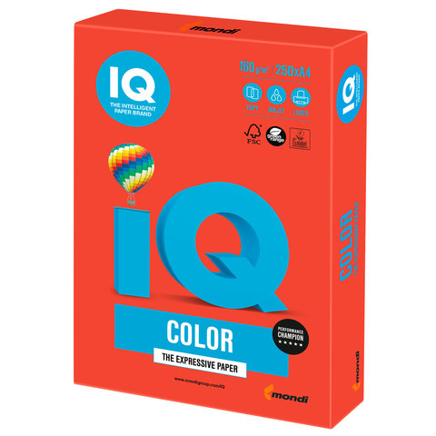 Бумага IQ (АйКью) color, А4, 160 г/м2, 250 л., интенсив кораллово-красная, CO44