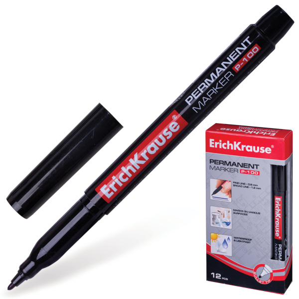 Маркер перманентный (нестираемый) ERICH KRAUSE "P-100", круглый наконечник 0,5-1,2мм, черный, 12841