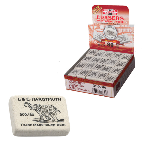 Резинка стирательная KOH-I-NOOR прямоугольная, 26x18,5x8 мм, белая, картонный дисплей, 300/80