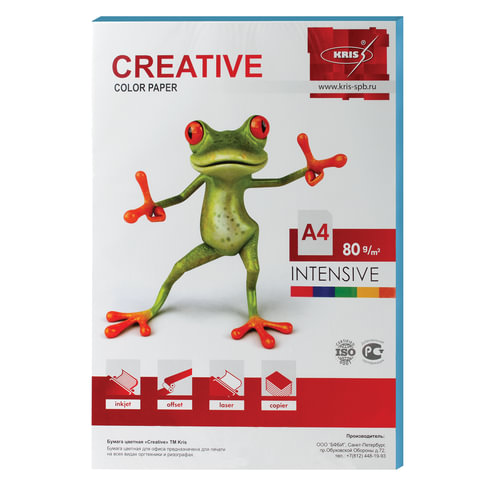 Бумага CREATIVE color (Креатив) А4, 80г/м, 100 л. интенсив голубая, БИpr-100г, ш/к 45254
