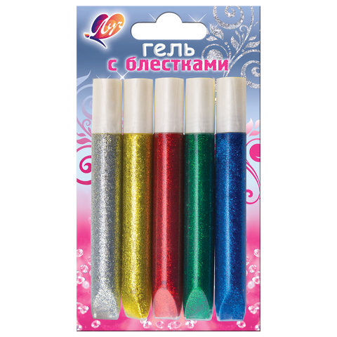 Краска гель ЛУЧ,  5цв, "Блеск",с блест, туба 10мл, (син,крас,зелен,сереб,золот)европодв,18С1195-08