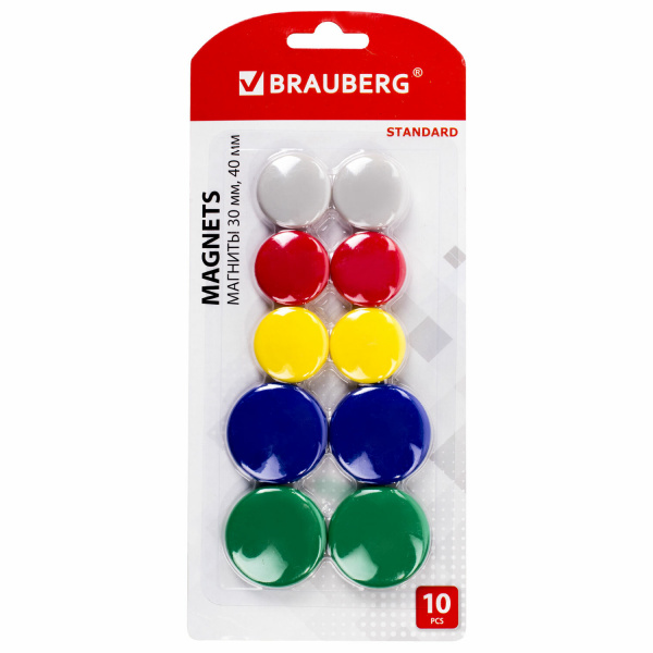 Магниты BRAUBERG "STANDARD", НАБОР 30 мм - 6 шт., 40 мм - 4 шт., ассорти, 237471